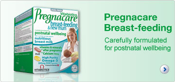 Vitabiotics Pregnacare Breast-Feeding dual pack. Vitamin, mineral and calcium tablets plu Omega-3 capsules, for the months following childbirth and during breast-feeding